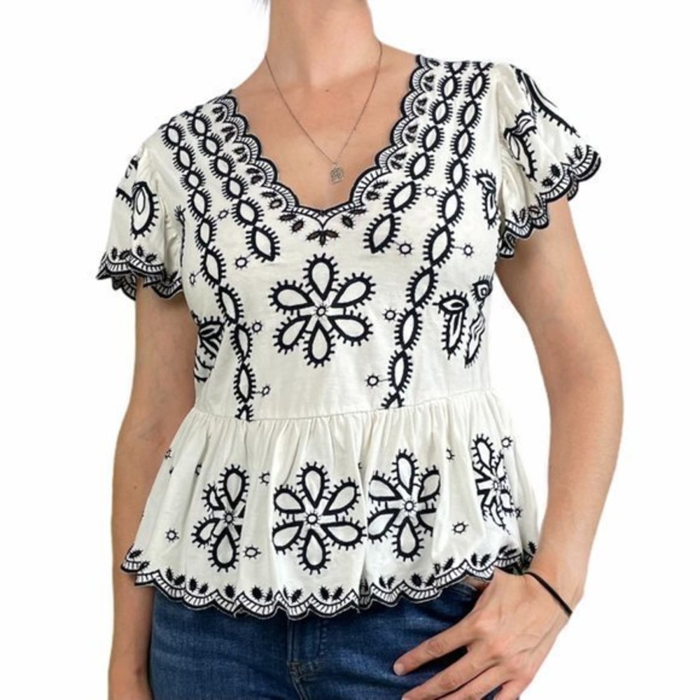 EXPRESS Black Ivory  Eyelet Lace Scalloped Trim Peplum Top Small